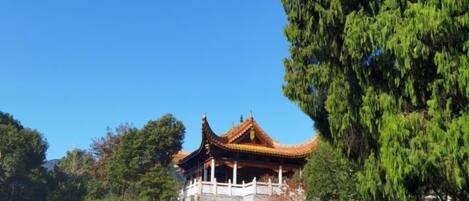 A traditional building with a tiled roof, surrounded by trees and a clear sky.