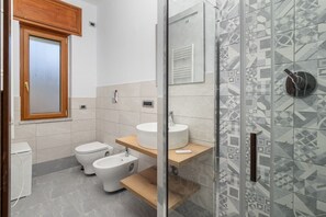 Shower, hair dryer, bidet, towels