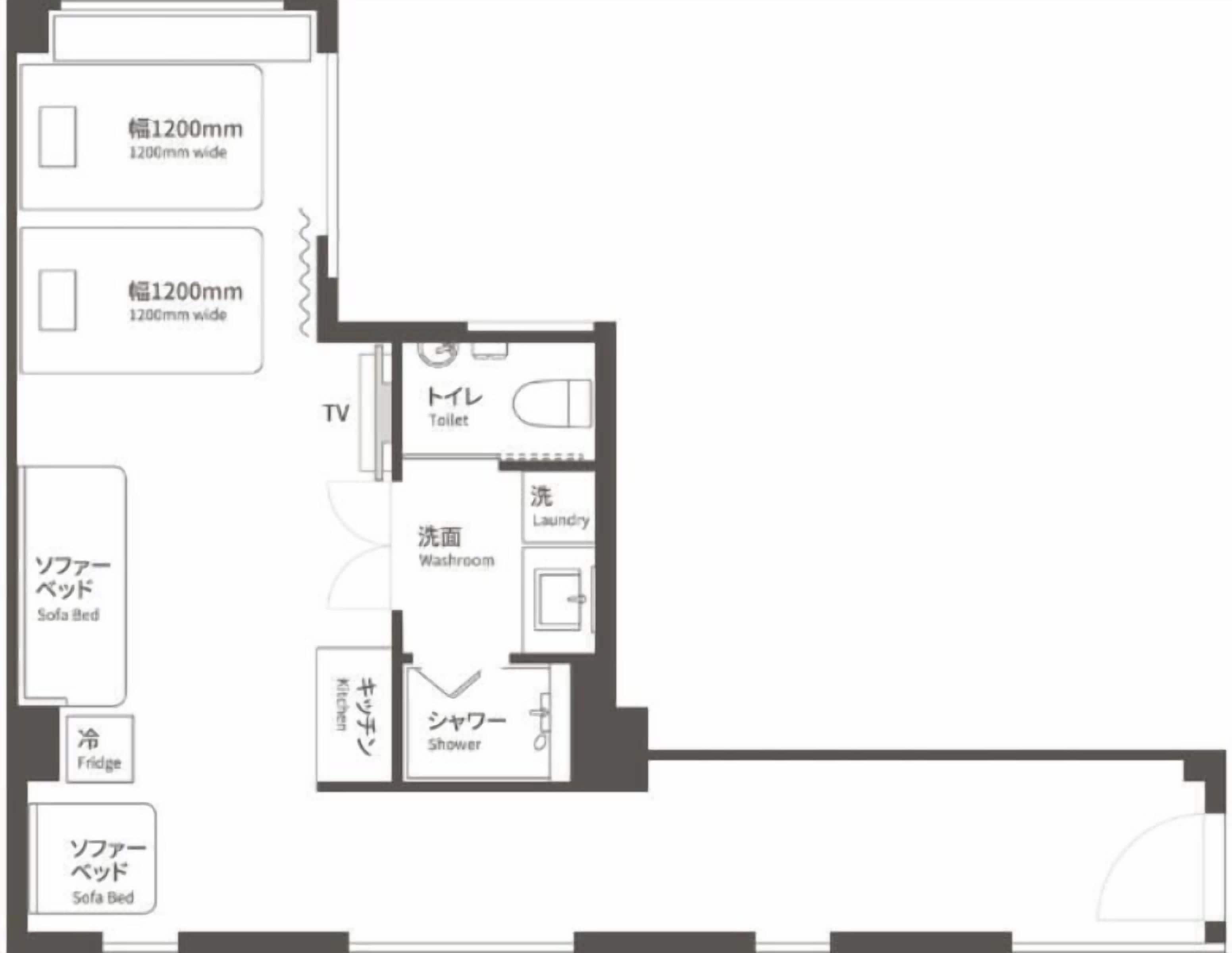 A hotel layout with 1200mm wide rooms, a TV, a toilet, a shower, a washroom, a kitchen, and two sofa beds.