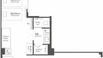 A hotel layout with 1200mm wide rooms, a TV, a toilet, a shower, a washroom, a kitchen, and two sofa beds.