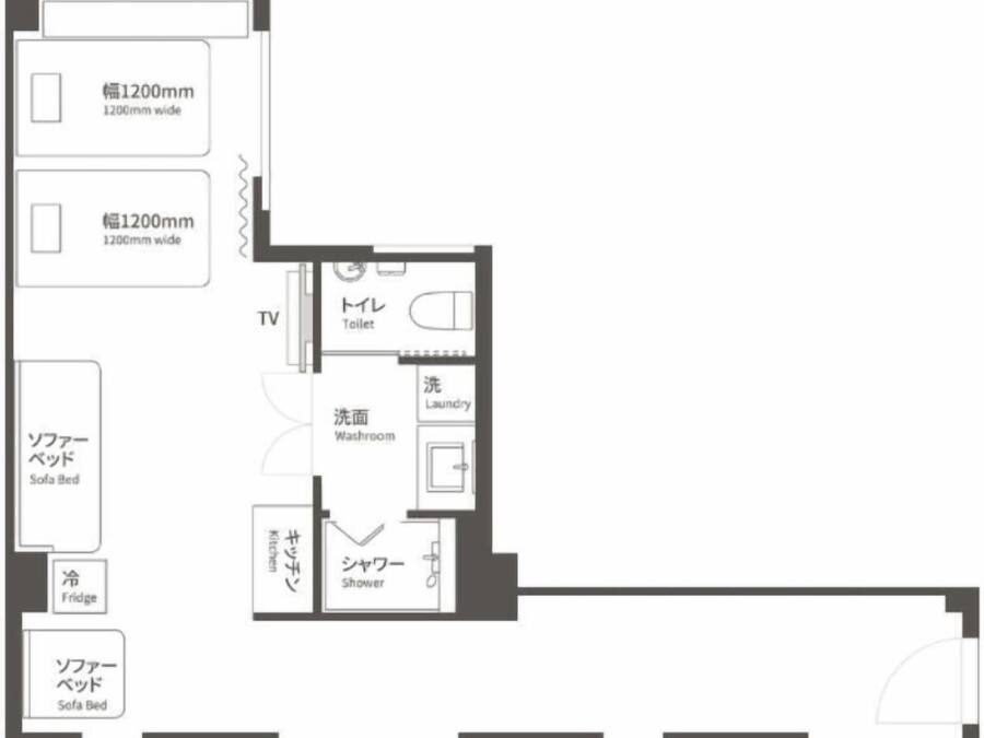 A hotel layout with 1200mm wide rooms, a TV, a toilet, a shower, a washroom, a kitchen, and two sofa beds.