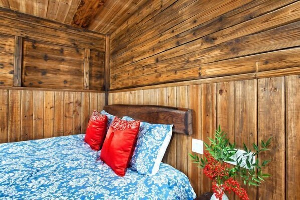 A wooden-paneled room with a bed, red and blue pillows, and a plant. - Homeward Bound Inn (Wuyuan)