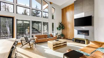Smart TV, fireplace, foosball, books