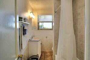 Hair dryer, towels, shampoo