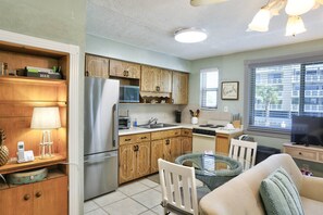 Fridge, microwave, coffee/tea maker, blender