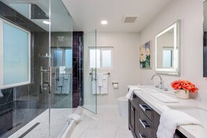 Regadera, secadora de cabello, toallas, shampoo 