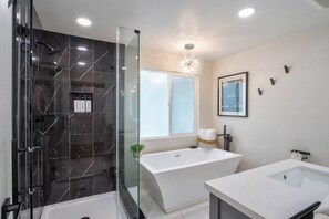 Shower, hair dryer, towels, shampoo