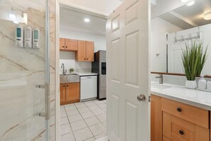 Hair dryer, towels, soap, toilet paper