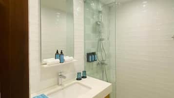 Hair dryer, slippers, towels, soap