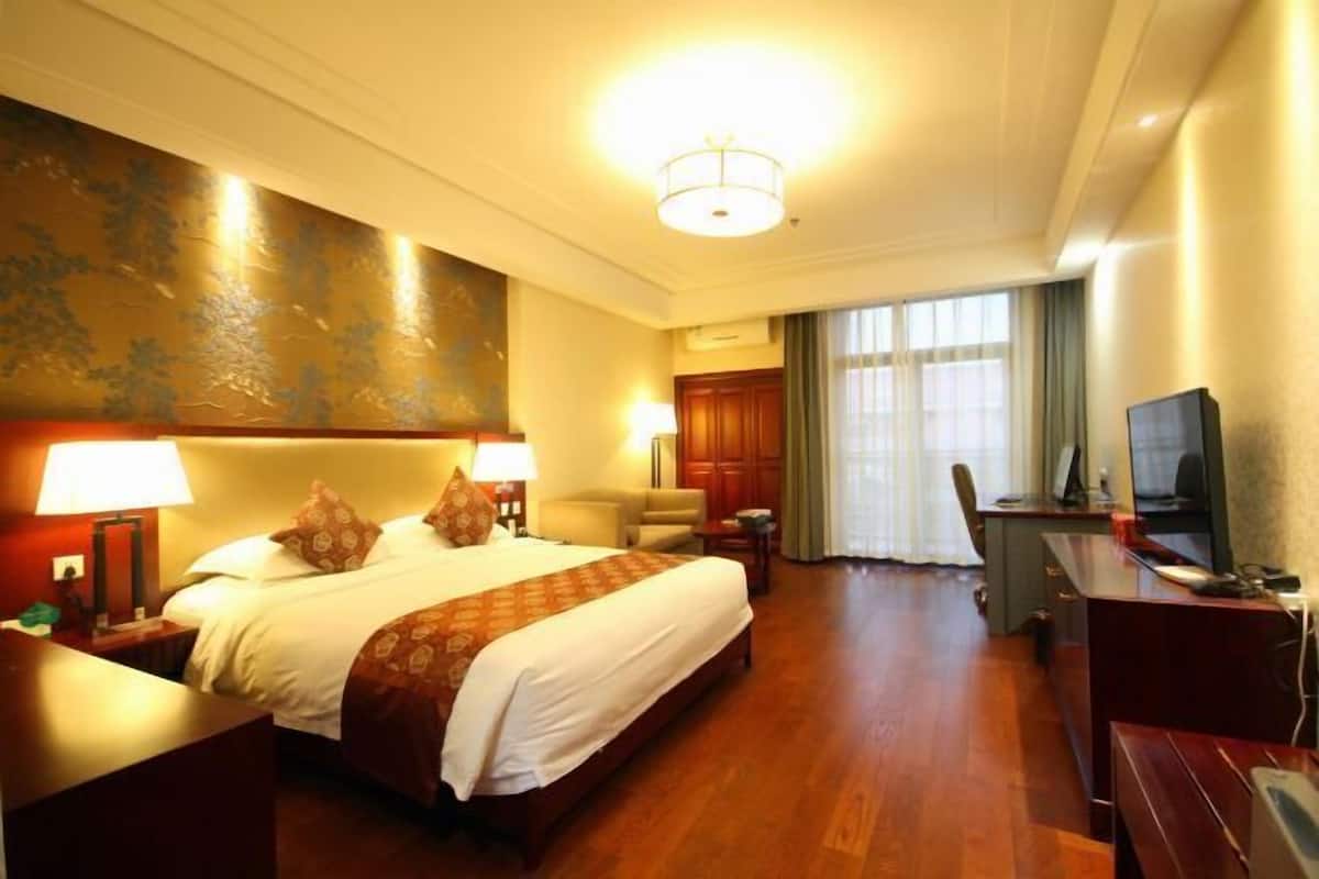 A hotel room with a large bed, a desk, a television, and a view of the outdoors.
