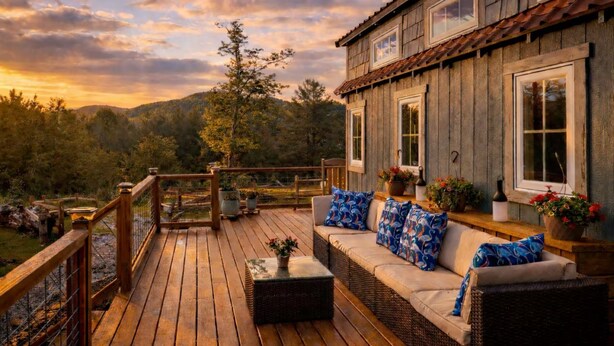 Una terraza de madera con un sofá de mimbre y plantas en macetas, con vistas a un área boscosa.