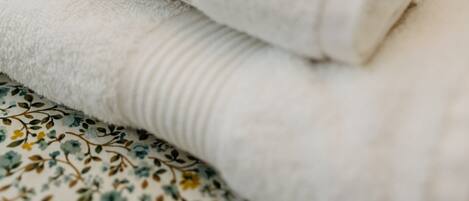 Chuveiro, secador de cabelo, toalhas de banho, sabonete