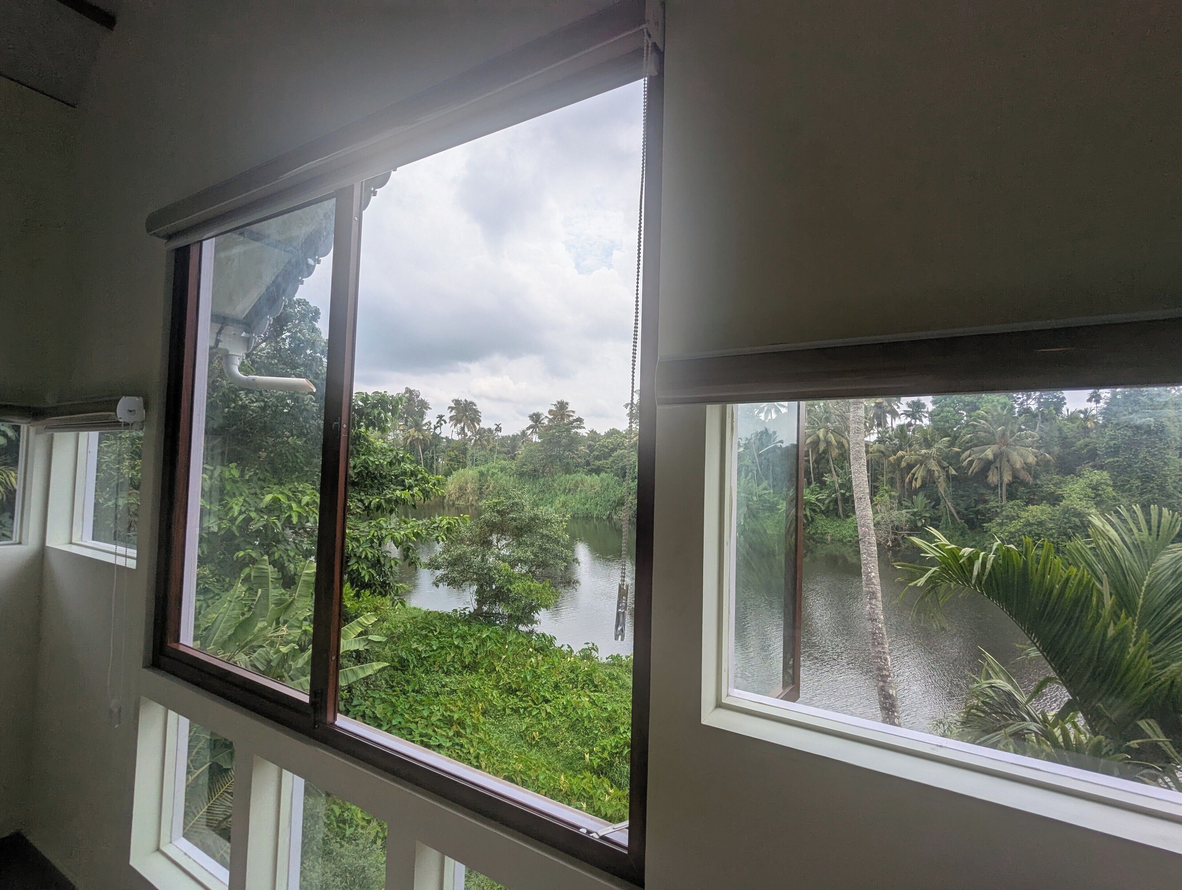 Une pièce dotée d’une grande fenêtre donnant sur un paysage tropical luxuriant, avec un plan d’eau et une végétation dense.