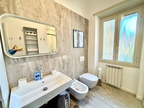 Shower, hair dryer, bidet, towels