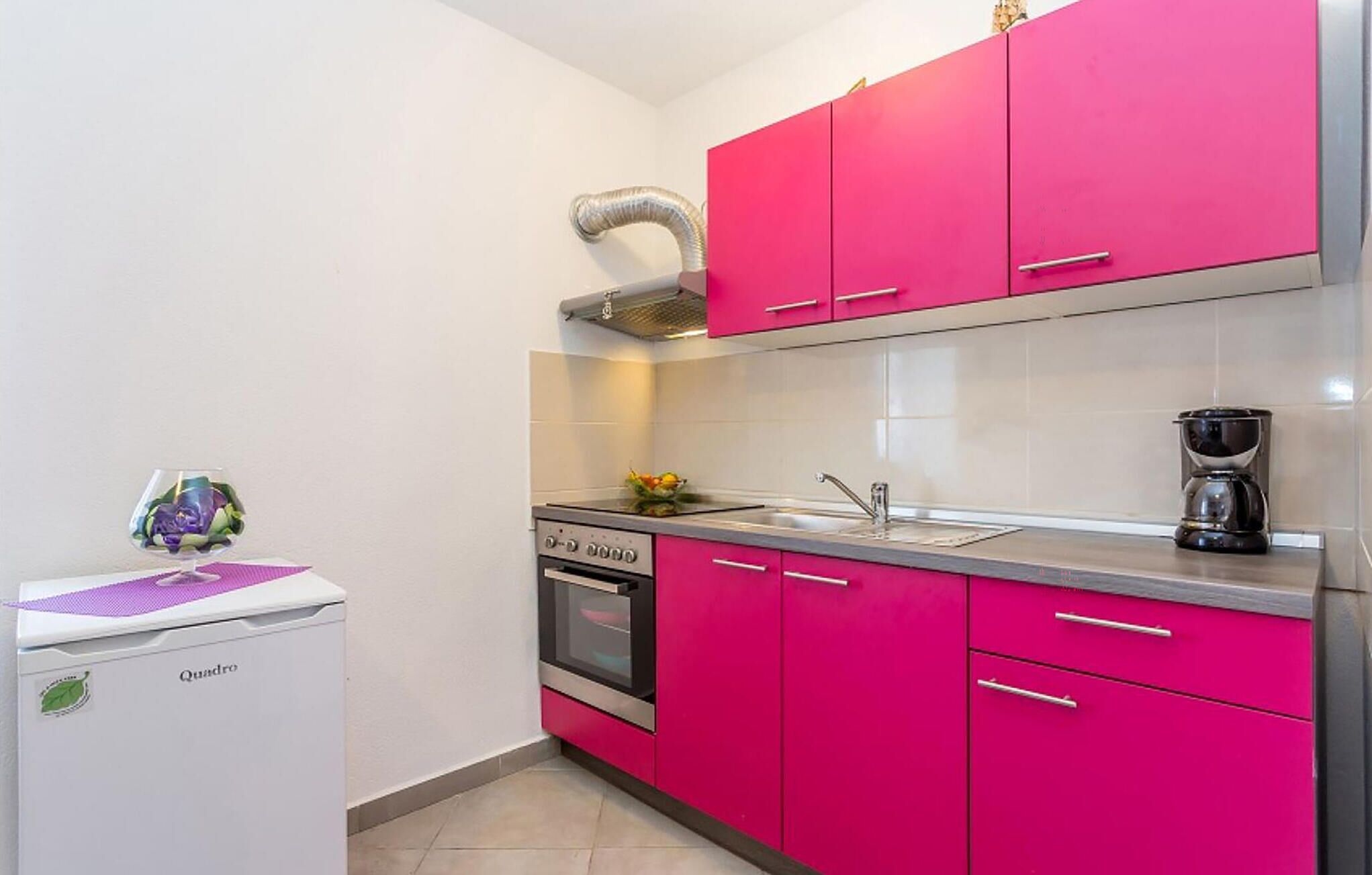 Fridge, stovetop, coffee/tea maker