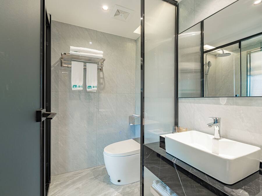 Un baño moderno con cabina de ducha de vidrio, inodoro blanco y un lavamanos rectangular grande con un espejo encima.