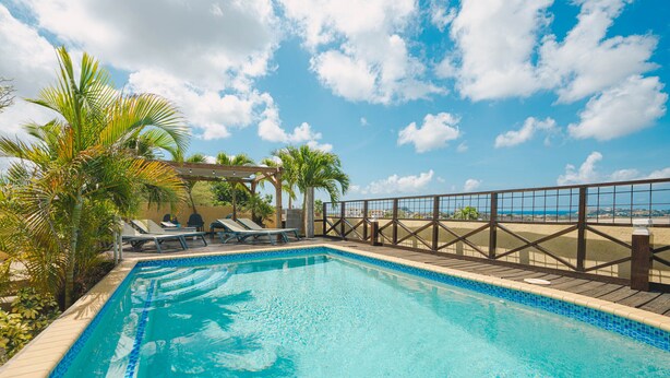 Ein Swimmingpool mit Liegestühlen und Palmen, umgeben von einer Holzterrasse und einem Glasgeländer, mit Blick auf einen Strand.