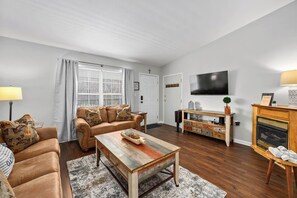 Smart TV, fireplace, books