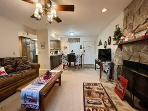 TV, fireplace, DVD player, video library