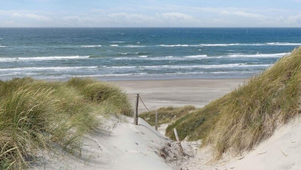 Une plage avec des dunes de sable et une vue sur l’océan.