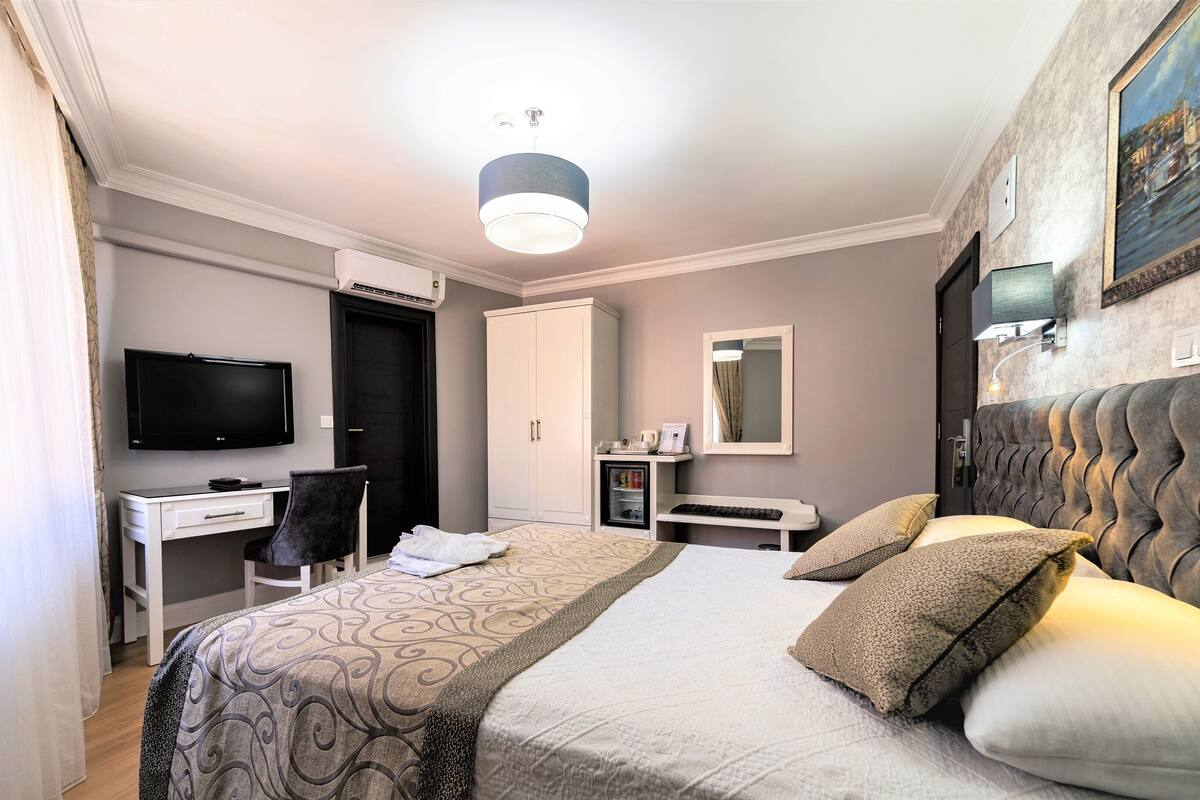 A hotel room with a bed, a desk, a television, a wardrobe, and a mirror.