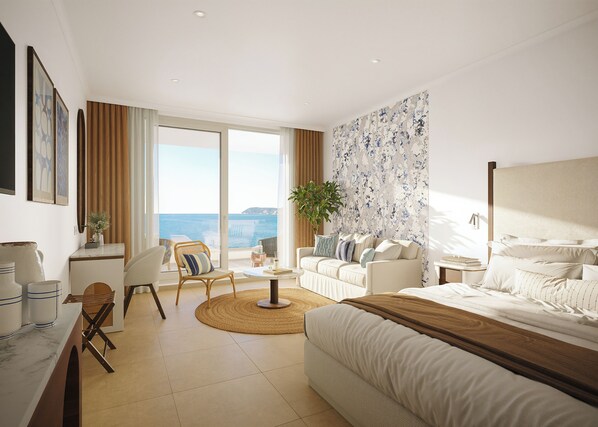Familiekamer, uitzicht op zee | Luxe beddengoed, een minibar, een kluis op de kamer