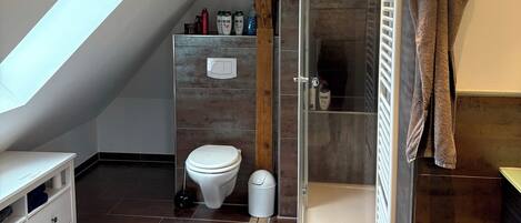 Een douche, een haardroger, handdoeken, toiletpapier