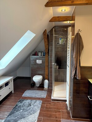 Shower, hair dryer, towels, toilet paper