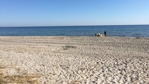 Una playa con cielo despejado y mar tranquilo.