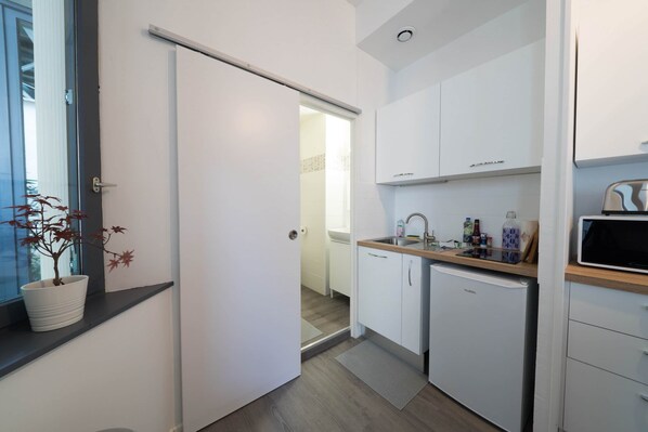 Réfrigérateur, micro-ondes, plaque de cuisson, grille-pain