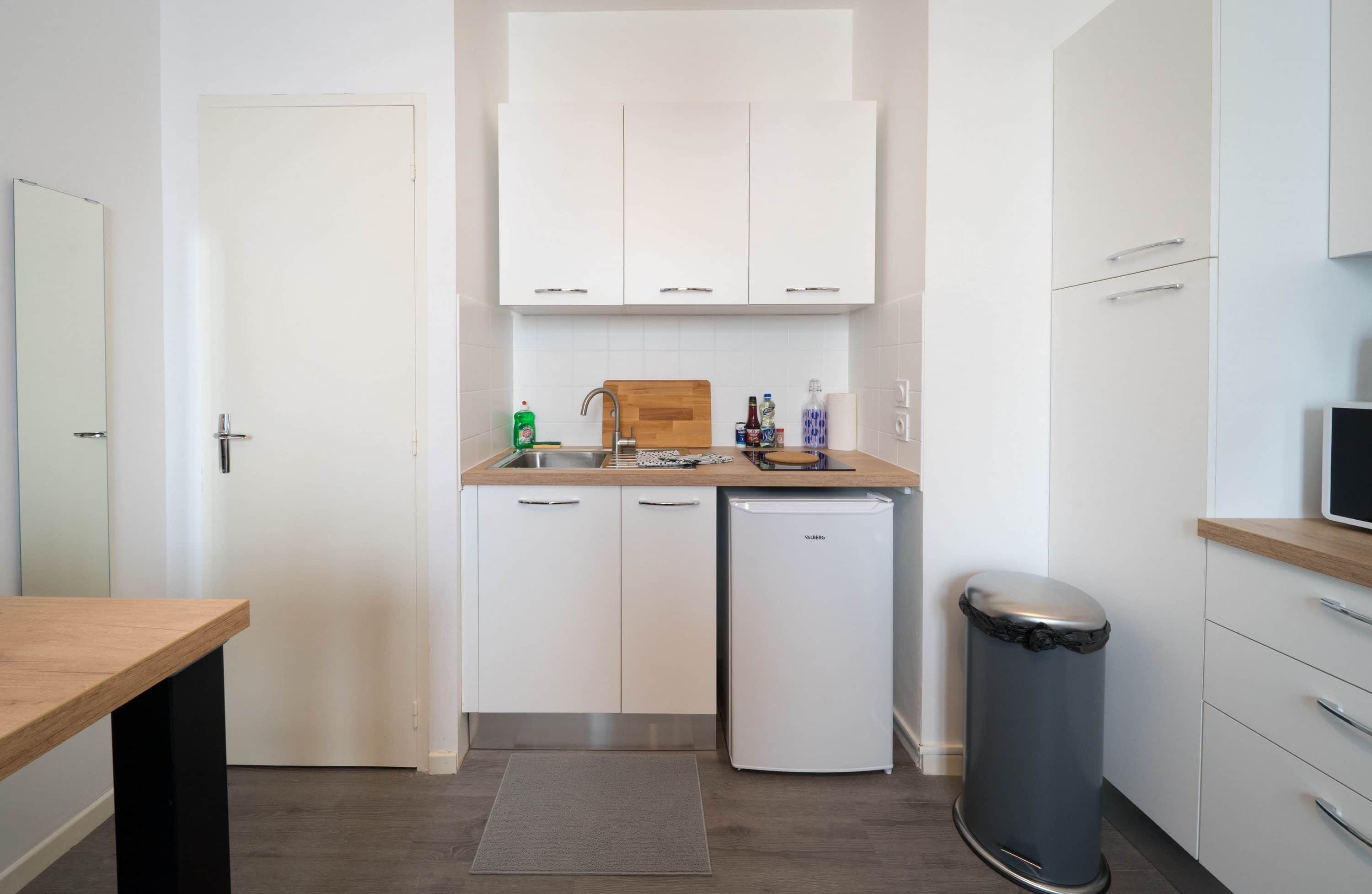 Réfrigérateur, micro-ondes, plaque de cuisson, grille-pain