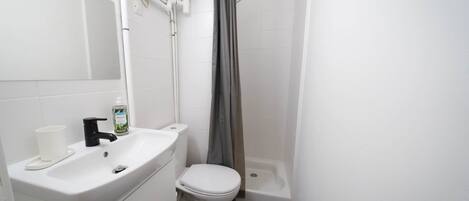A bathroom with a white sink, toilet, and shower.