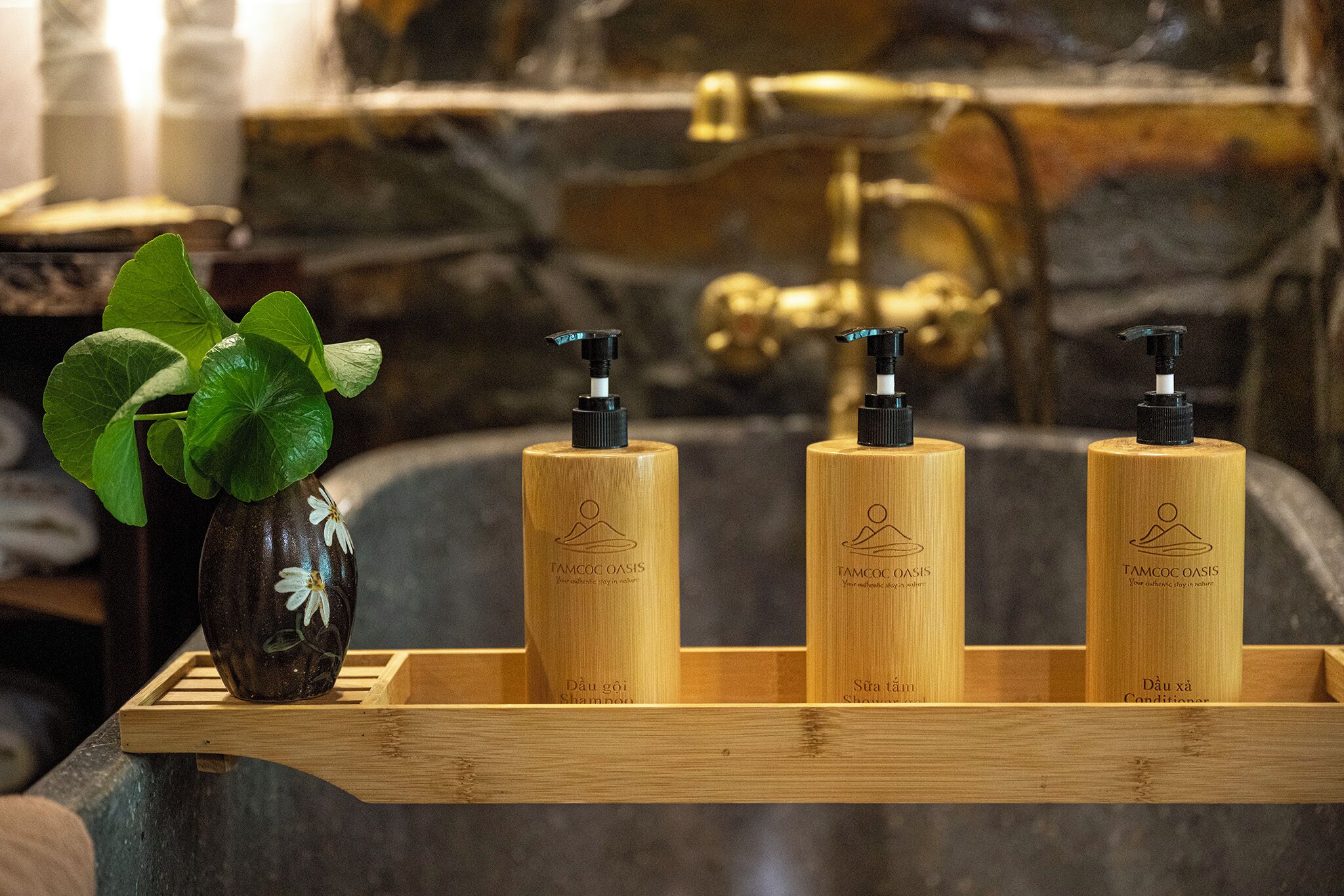Una bandeja de madera con tres botellas etiquetadas 'Tamoc Oasis' y un florero con una planta.