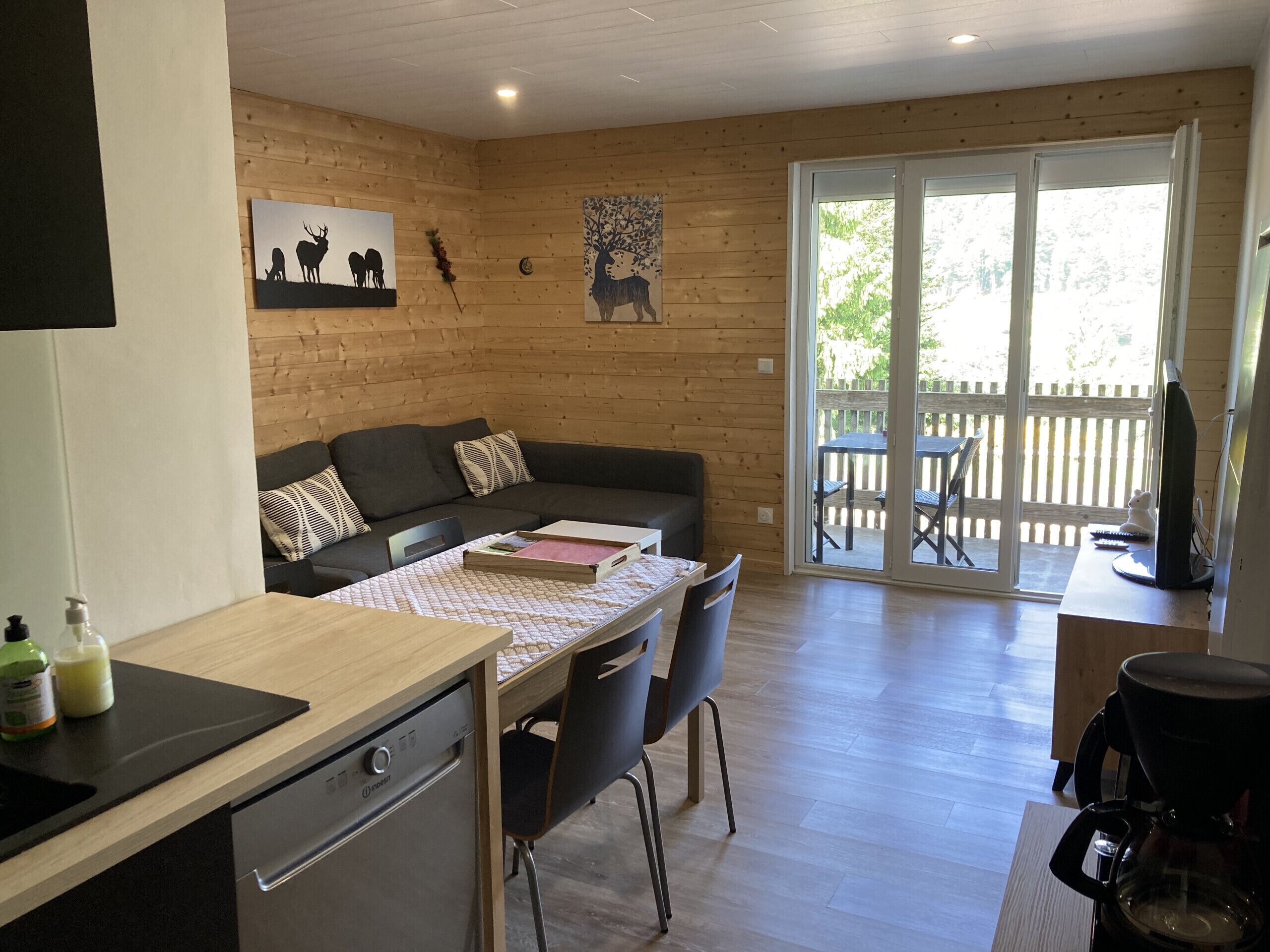 A modern kitchen with a dishwasher, a dining table with chairs, a sofa, and a sliding glass door leading to an outdoor patio.