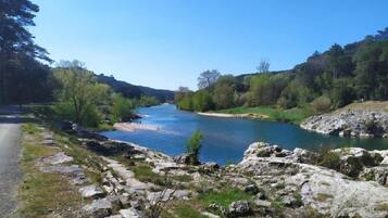A river with a rocky shoreline, surrounded by greenery and trees.