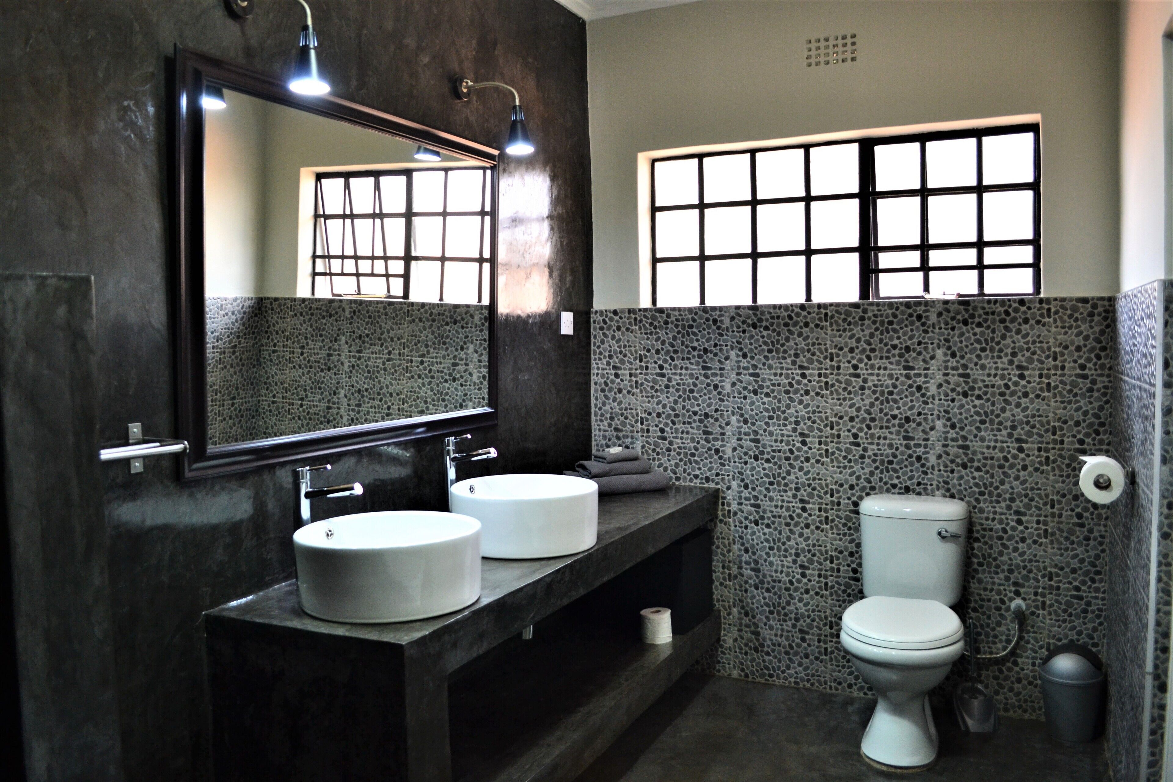 A modern bathroom with two round sinks, a toilet, and a large mirror.