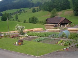 Un paysage rural avec une grange en bois, une route et un jardin où poussent différentes plantes.