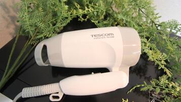 Hair dryer, towels, soap, toilet paper