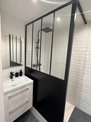 Shower, hair dryer, towels, soap