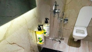 A bathroom with a white sink, a handheld showerhead, and a toilet. - The Grace b&B (New Delhi)