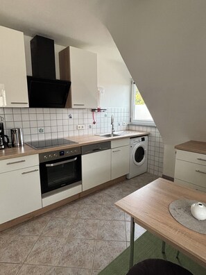 A modern kitchen with white cabinets, a built-in oven, a dishwasher, and a washing machine. - Charming vacation apartment - quiet surroundings but close to the city (Deutschland)
