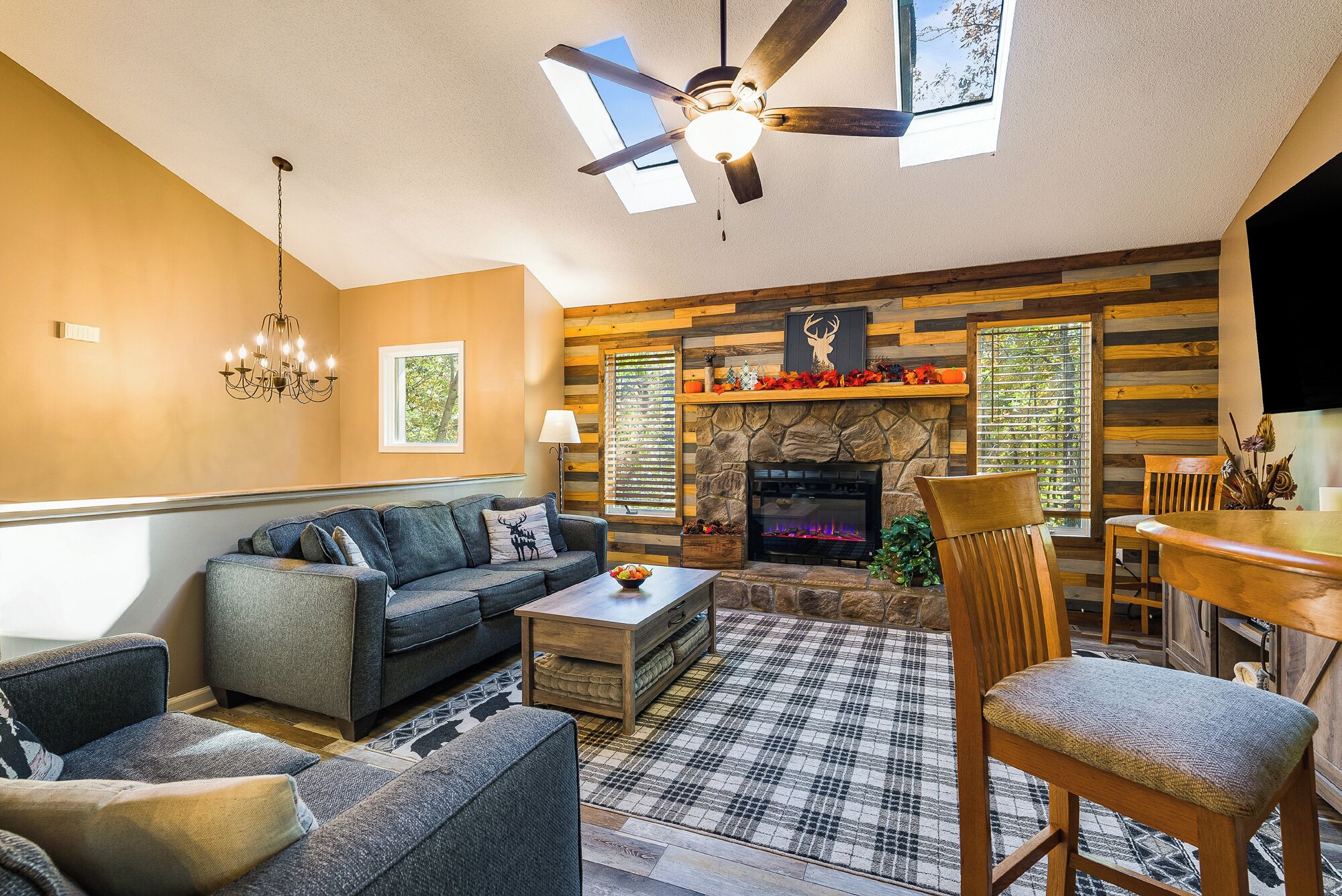 Smart TV, fireplace, video games, foosball