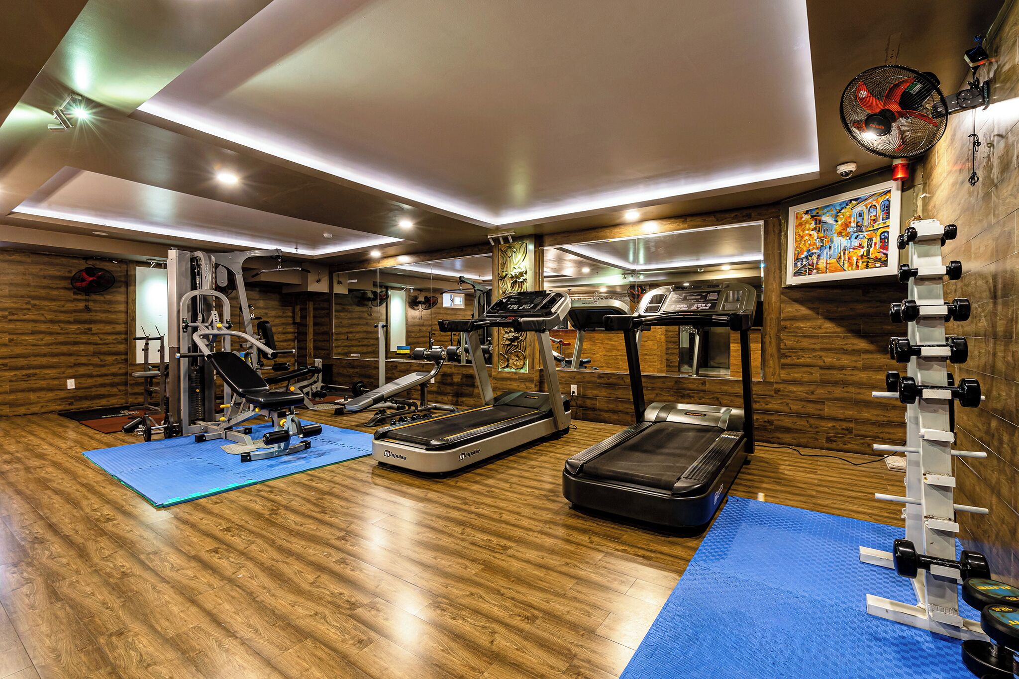 A gym with treadmills, weight machines, and a blue mat area.