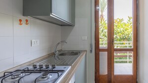Eine Küche mit Gasherd, Spüle und Blick auf eine Holztür, die zu einem Grünanlagen führender Bereich.