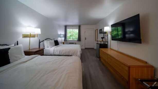 Une chambre d’hôtel avec deux lits, une télévision, un bureau et une fenêtre donnant sur un espace verdoyant.