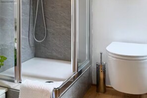 Shower, hair dryer, bidet, towels