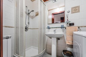 Shower, hair dryer, towels