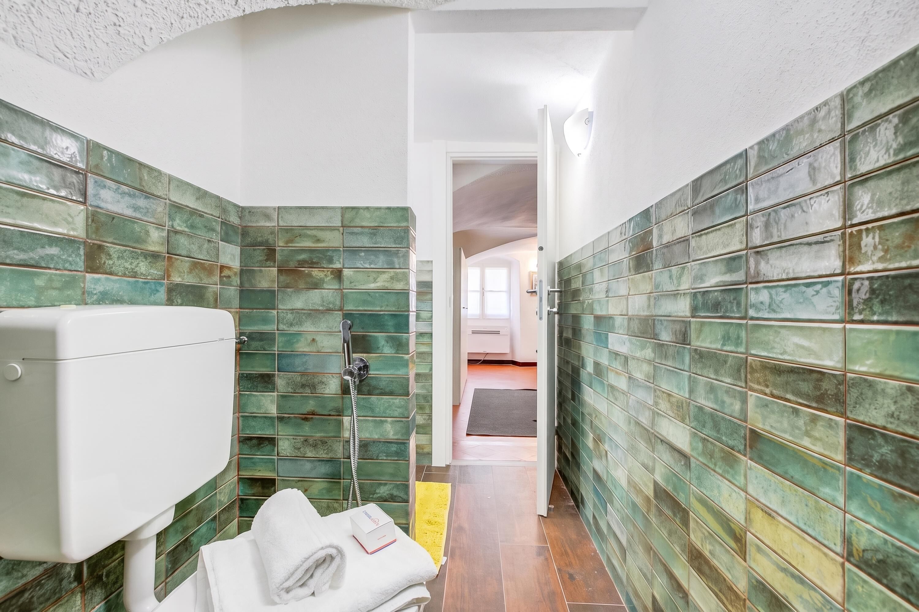 A narrow bathroom with green-tiled walls, a white toilet, and a towel on the floor.