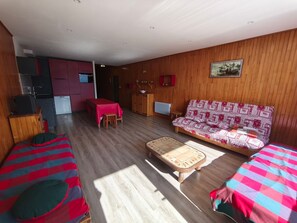 Een gezellige kamer met een bank, twee bedden, een eettafel en een keukenhoek.