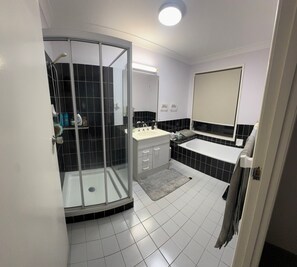 Hair dryer, towels, toilet paper